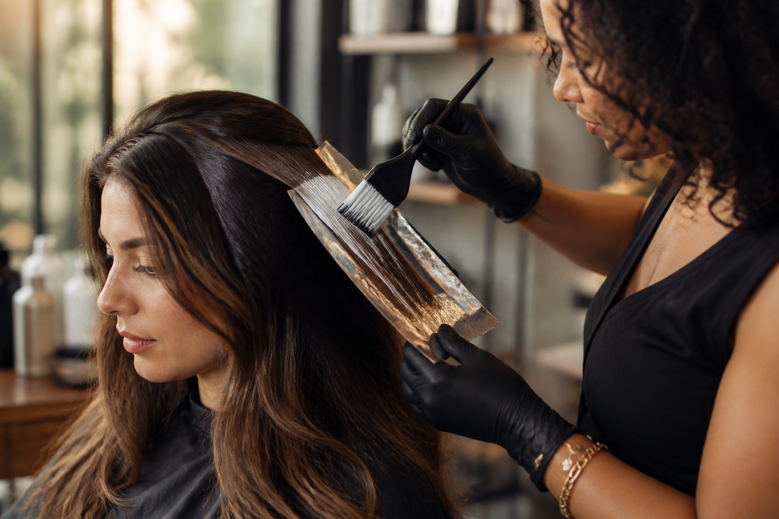 Colour specialist applying dimensional brunette colour with professional tools