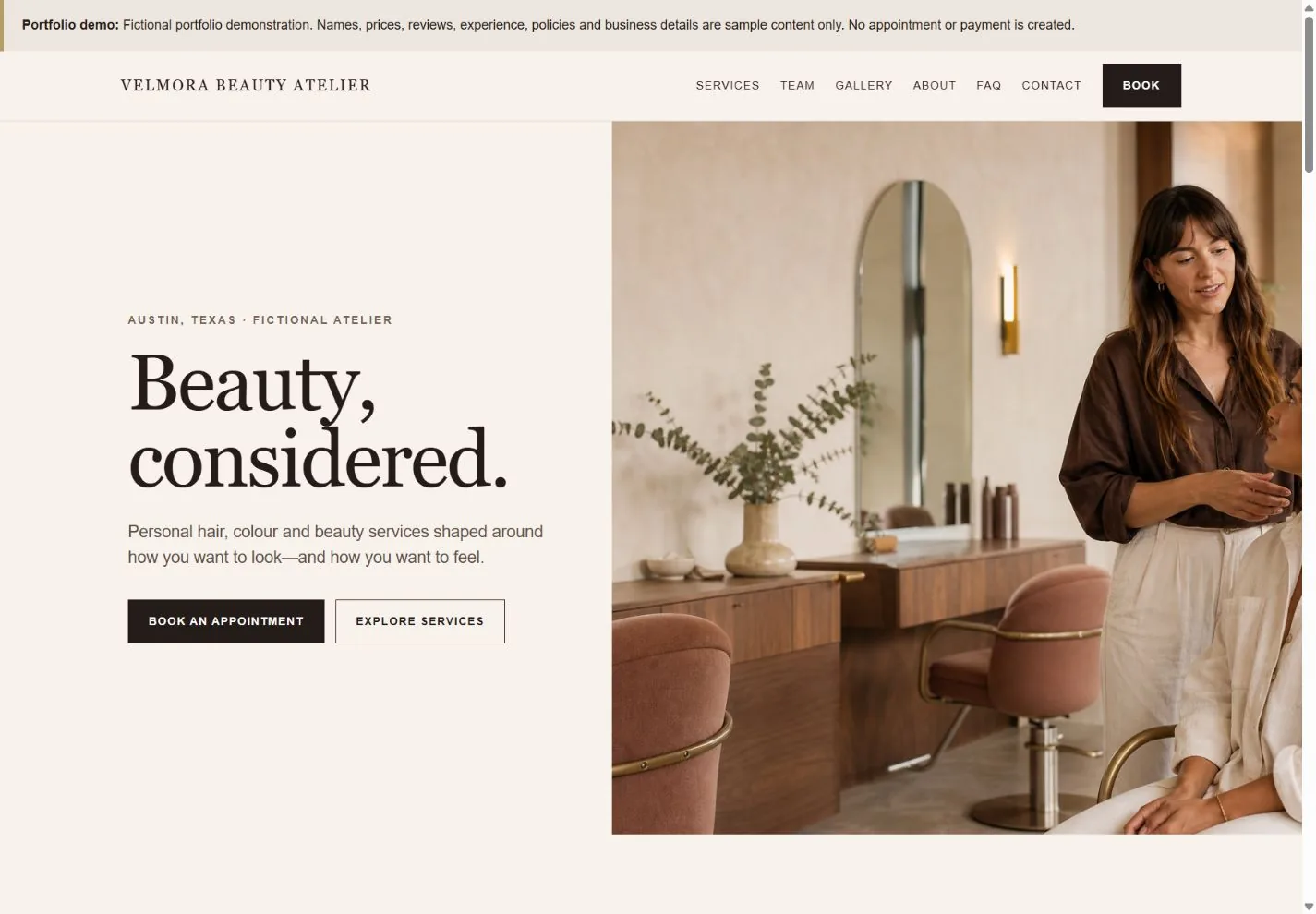 VELMORA BEAUTY ATELIER website concept preview